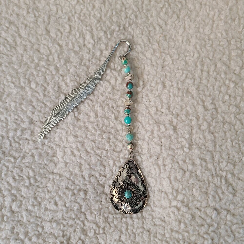 Bookmark Featuring a Feather, Beaded Chain Attached to a Decorative Pendant